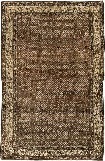 Antique Persian Malayer Chocolate Brown Sandy Beige Hand Knotted Wool Rug