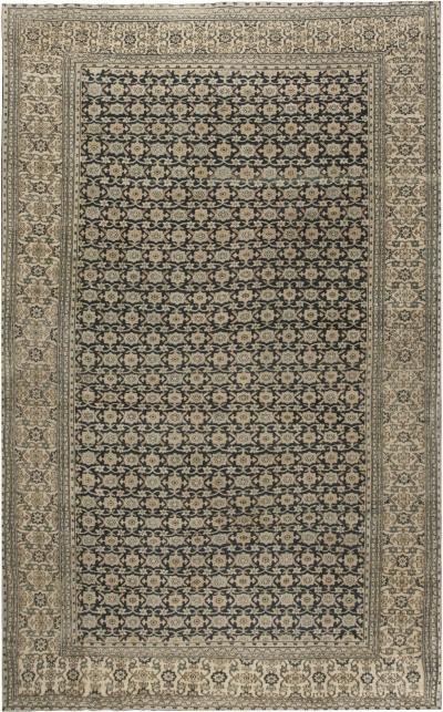 Antique Persian Meshad Botanic Beige Brown and Black Handwoven Wool Rug