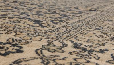 Antique Persian Meshad Botanic Beige Brown and Black Handwoven Wool Rug