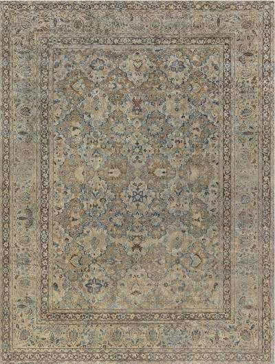 Antique Persian Meshad Botanic Blue Brown Hand Knotted Wool Rug