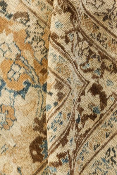 Antique Persian Meshad Botanic Blue Brown Hand Knotted Wool Rug