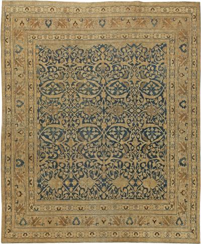 Antique Persian Meshad Botanic Golden Beige Brown Black Handwoven Wool Rug