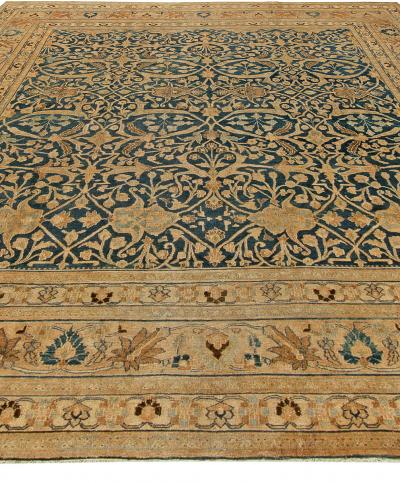 Antique Persian Meshad Botanic Golden Beige Brown Black Handwoven Wool Rug