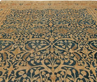 Antique Persian Meshad Botanic Golden Beige Brown Black Handwoven Wool Rug