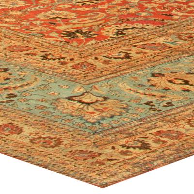 Antique Persian Meshad Botanic Orange Handmade Wool Rug