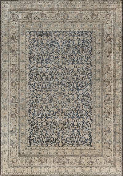 Antique Persian Meshad Rug in Beige Blue and Brown