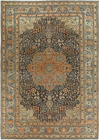 Antique Persian Mohtashem Kashan Orange Black and Light Blue Wool Rug