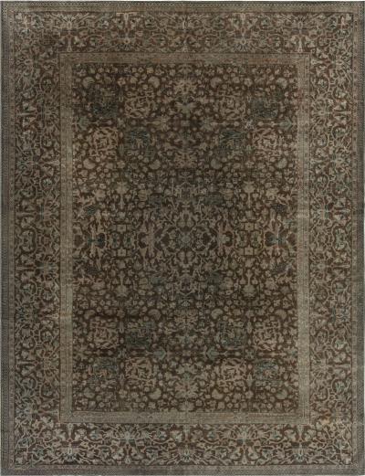 Antique Persian Sarouk Botanic Brown Handmade Wool Rug