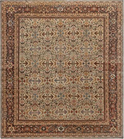 Antique Persian Sultanabad Beige Blue Brown and Orange Handmade Wool Rug