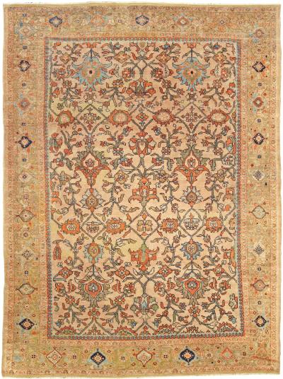 Antique Persian Sultanabad Botanic Orange Tan Hand Knotted Wool Rug