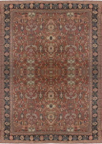 Antique Persian Sultanabad Cinnamon Navy Blue Handwoven Carpet