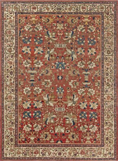 Antique Persian Sultanabad Floral Red Blue Handmade Wool Rug