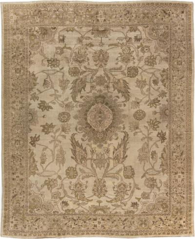 Antique Persian Sultanabad Tan Taupe and Brown Handwoven Wool Rug