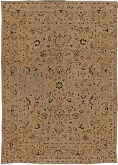 Antique Persian Tabriz Beige and Brown Handwoven Wool Rug