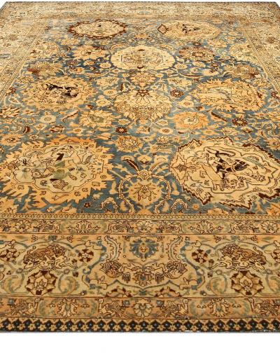 Antique Persian Tabriz Botanic Blue and Camel Handwoven Wool Rug