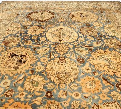 Antique Persian Tabriz Botanic Blue and Camel Handwoven Wool Rug