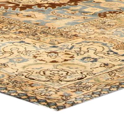 Antique Persian Tabriz Botanic Blue and Camel Handwoven Wool Rug