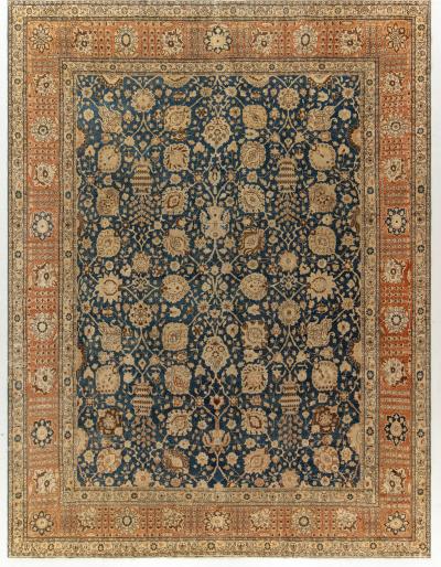 Antique Persian Tabriz Botanic Green Hand Knotted Wool Rug