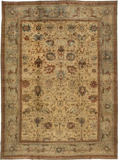 Antique Persian Tabriz Botanic Handmade Wool Rug