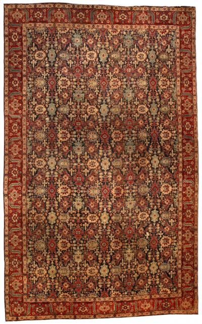 Antique Persian Tabriz Botanic Red Yellow Handmade Wool Rug