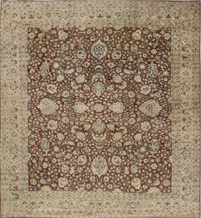 Antique Persian Tabriz Brown Blue Handmade Wool Rug