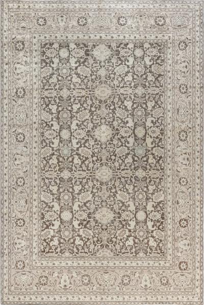 Antique Persian Tabriz Brown Handmade Wool Rug