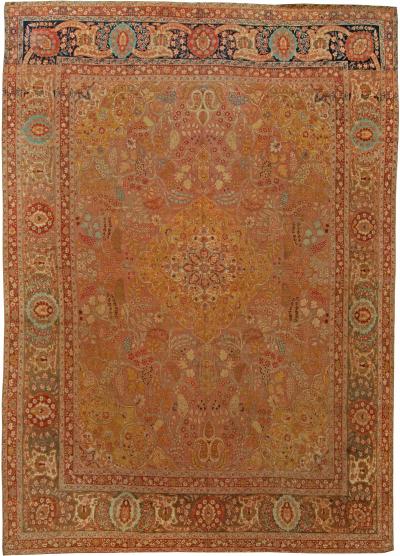 Antique Persian Tabriz Copper Blue Green and Salmon Hand Knotted Wool Rug