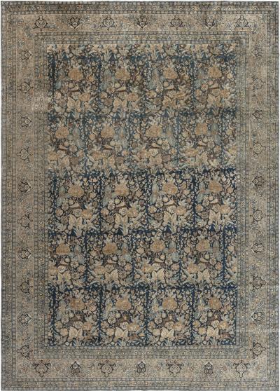 Antique Persian Tabriz Floral Design Blue Handmade Wool Rug