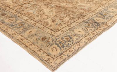 Antique Persian Tabriz Floral Light Brown and Blue Handwoven Wool Rug