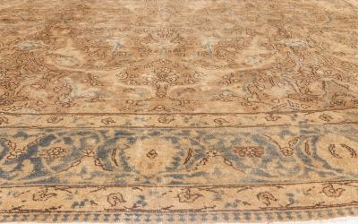 Antique Persian Tabriz Floral Light Brown and Blue Handwoven Wool Rug