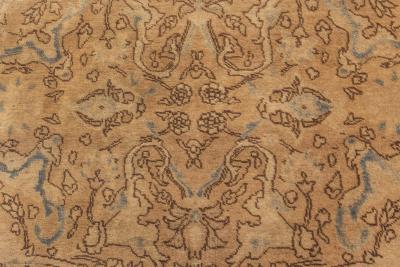 Antique Persian Tabriz Floral Light Brown and Blue Handwoven Wool Rug