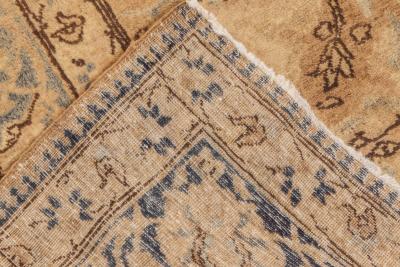 Antique Persian Tabriz Floral Light Brown and Blue Handwoven Wool Rug