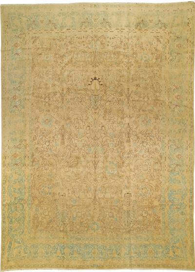 Antique Persian Tabriz Green Beige Brown Handmade Wool Rug