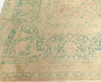 Antique Persian Tabriz Green Beige Brown Handmade Wool Rug