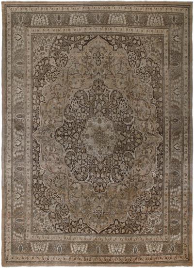 Antique Persian Tabriz Hadji Jalili Handknotted Rug in Beige and Brown Color