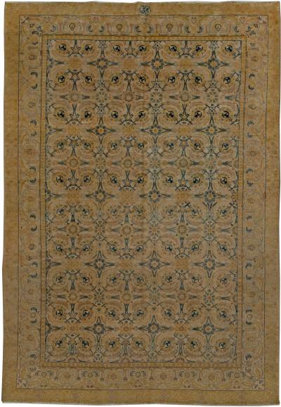 Antique Persian Tabriz Inky Blue Soft Yellow Beige Hand Knotted Wool Rug