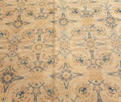 Antique Persian Tabriz Inky Blue Soft Yellow Beige Hand Knotted Wool Rug