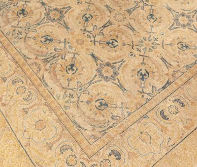 Antique Persian Tabriz Inky Blue Soft Yellow Beige Hand Knotted Wool Rug