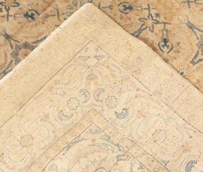 Antique Persian Tabriz Inky Blue Soft Yellow Beige Hand Knotted Wool Rug