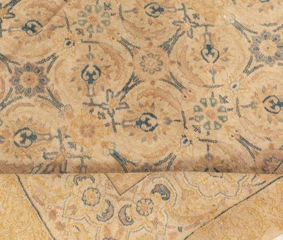 Antique Persian Tabriz Inky Blue Soft Yellow Beige Hand Knotted Wool Rug