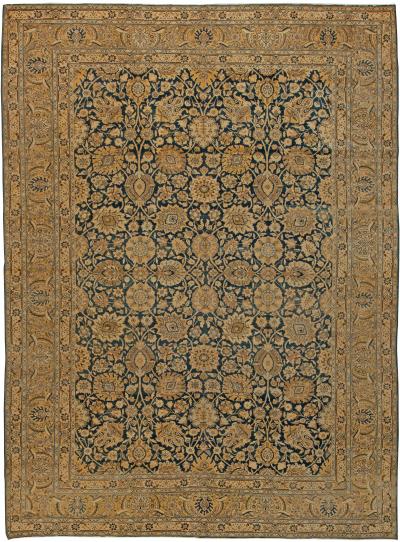 Antique Persian Tabriz Royal Blue and Caramel Wool Rug