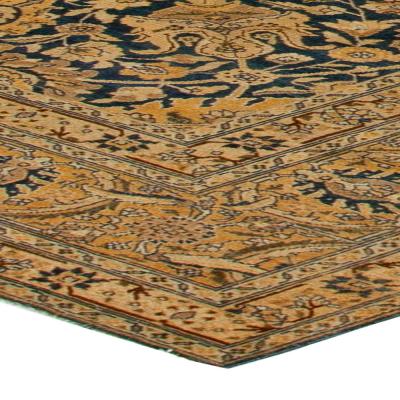 Antique Persian Tabriz Royal Blue and Caramel Wool Rug