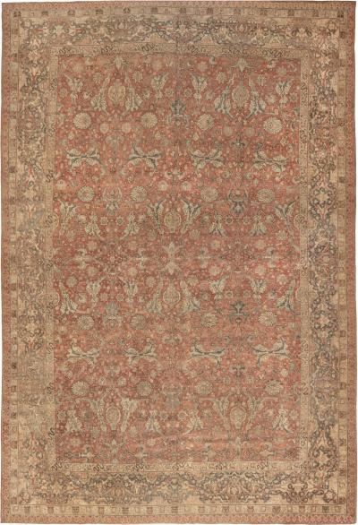 Antique Persian Tabriz Taupe Camel and Red Handmade Wool Rug