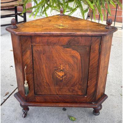 Antique Petite English Inlaid Walnut Corner Cabinet