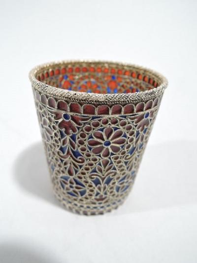 Antique Plique a Jour Beaker in Rich Blue and Red