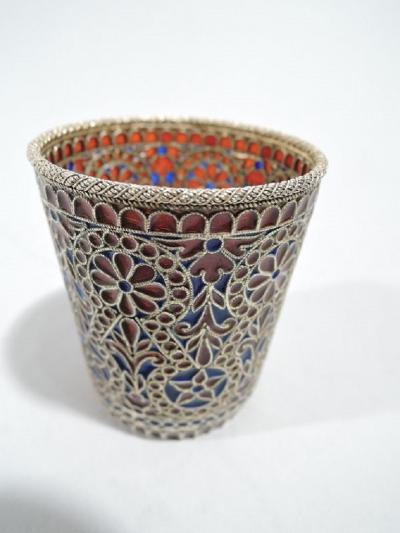 Antique Plique a Jour Beaker in Rich Blue and Red