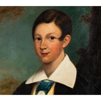 Antique Portrait Oil Painting of a Boy With Dog