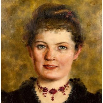 Antique Portrait Oil Painting on Canvas in Burl Walnut Frame