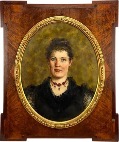 Antique Portrait Oil Painting on Canvas in Burl Walnut Frame