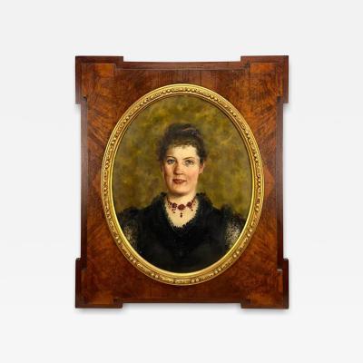 Antique Portrait Oil Painting on Canvas in Burl Walnut Frame